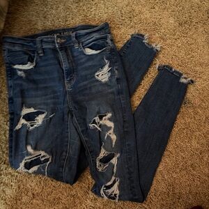 American Eagle Outfitters High Rise Distressed Dark Blue Jeans